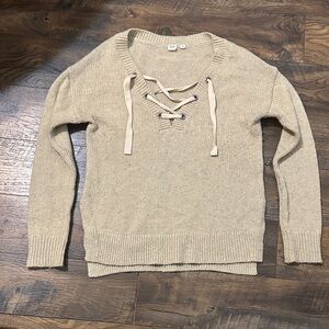 GAP Women's Tan V-Neck Sweater with Lace-Up Detail